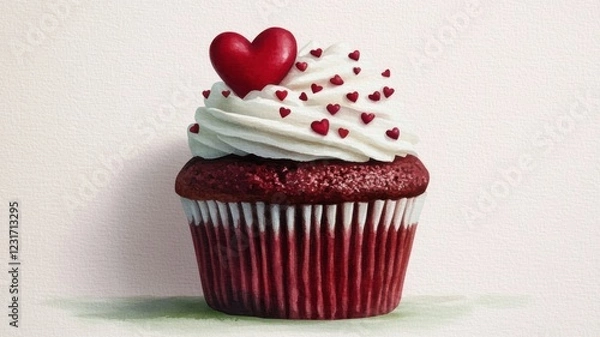 Fototapeta A delicious red velvet cupcake topped with creamy white frosting and adorned with heart-shaped sprinkles.