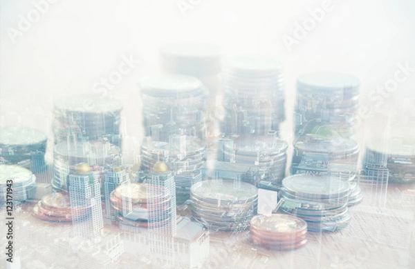 Obraz Double exposure city and row of coins, finance and banking concept