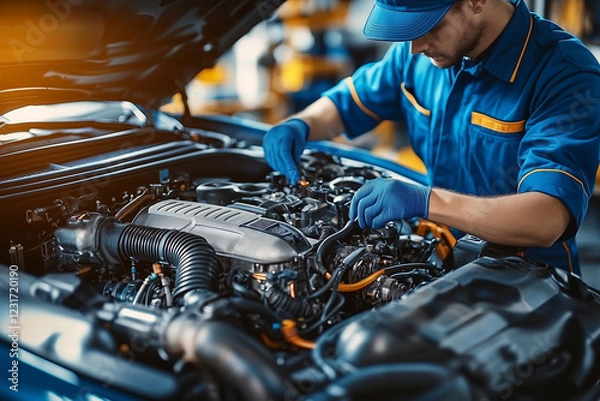 Obraz auto mechanic diagnoses a car engine failure at a service station