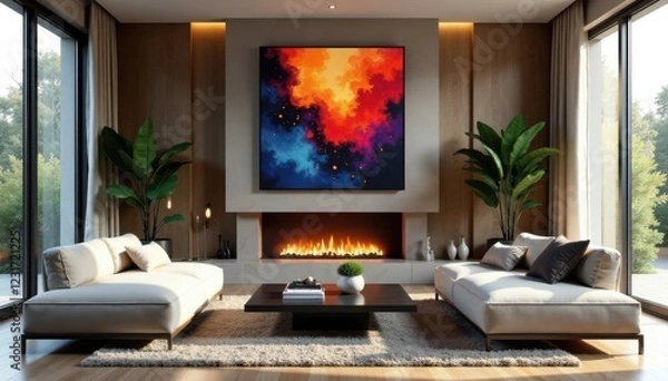 Fototapeta Sophisticated living room with fireplace and abstract art, space, interior
