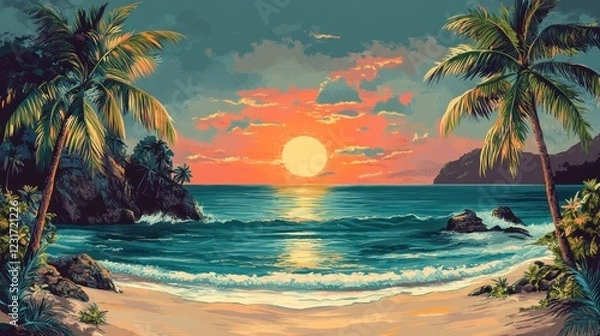 Fototapeta Tropical sunset beach scene; ocean waves, palm trees, rocks