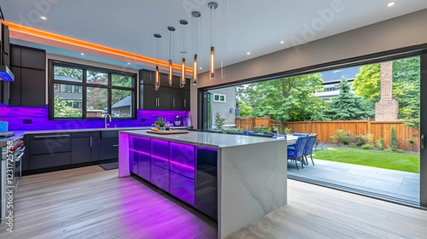 Fototapeta Photo - Modern Kitchen Design with Purple LED Lighting, Island, and Open Patio