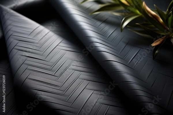 Obraz Black woven fabric drapes with plant; studio shot, texture background