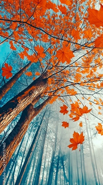 Obraz Golden foliage, maple leaves, falling gently in autumn forest, foliage swirling through misty air, foliage adding warmth and tranquility to the foggy scene, highlighted by a soft teal sky