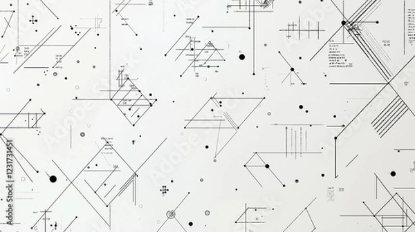 Fototapeta A modern and clean pattern of mathematical equations, matrices, and graphs, arranged in a geometric layout, black text on a white background for a minimalist aesthetic.