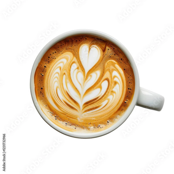 Fototapeta A beautifully crafted latte with intricate foam art, served in a white cup. Perfect for coffee enthusiasts and latte art appreciators.