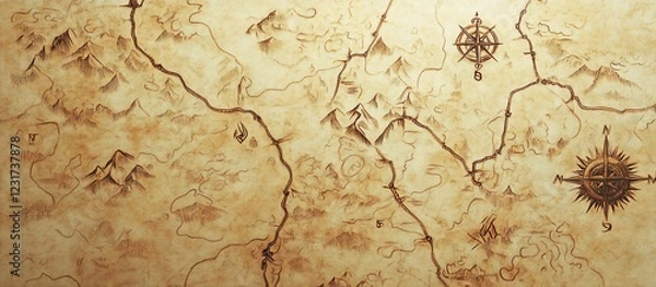 Fototapeta Antique parchment map showing mountains, rivers, compass roses; adventure background