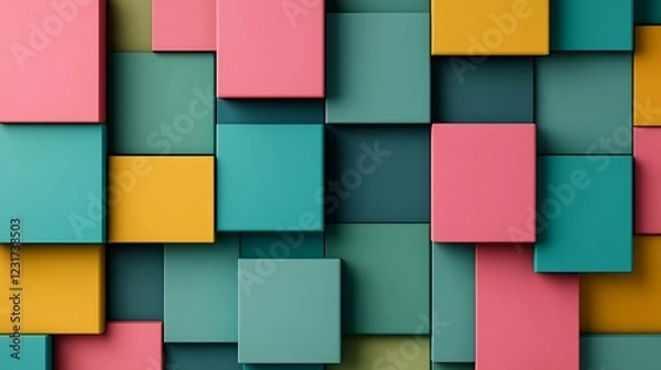 Fototapeta Vibrant Colorful Geometric Pattern of Squares in Shades of Pink, Green, and Yellow for Modern Design Concepts