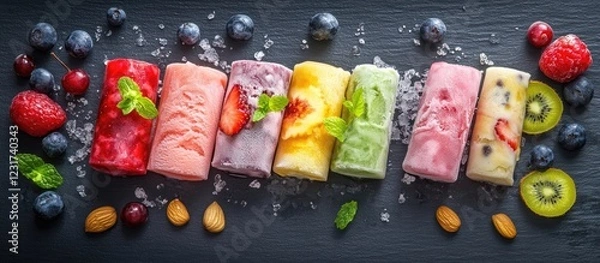 Fototapeta Colorful rolled ice cream varieties displayed on a dark slate plate with fresh fruits and nuts arranged around the vibrant ice cream rolls