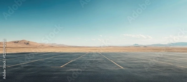 Fototapeta Vast asphalt car park under clear blue sky, foreground showcasing empty parking spaces with distant desert landscape and gentle hills in background.
