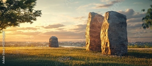 Fototapeta Stone advertisement stand in a park at sunset featuring large unique stone designs with golden sunlight illuminating the landscape and soft green grass.