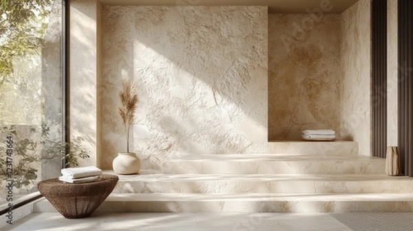 Fototapeta 3D render of beige stone wall and slabs creating a minimalist product display backdrop with realistic stone textures