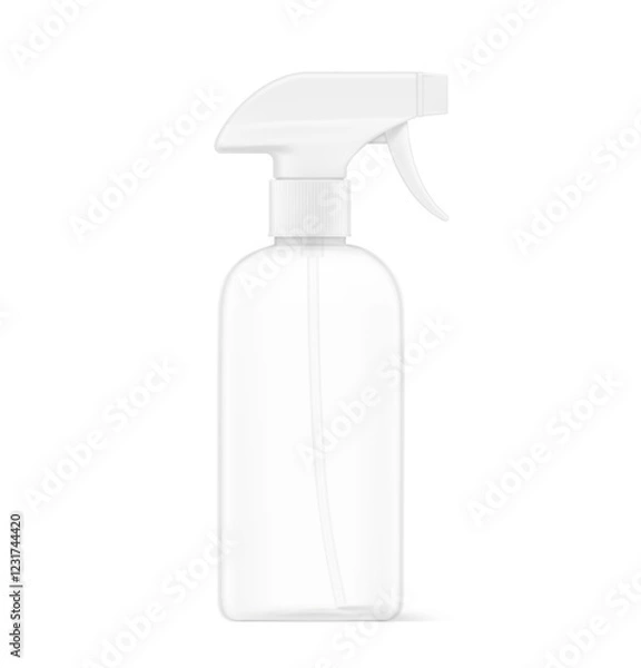 Obraz Clear trigger sprayer bottle mockup. Vector illustration isolated on white background. Perfect for easy customisation and editing your design for household, cleaning, gardening and etc. EPS10.