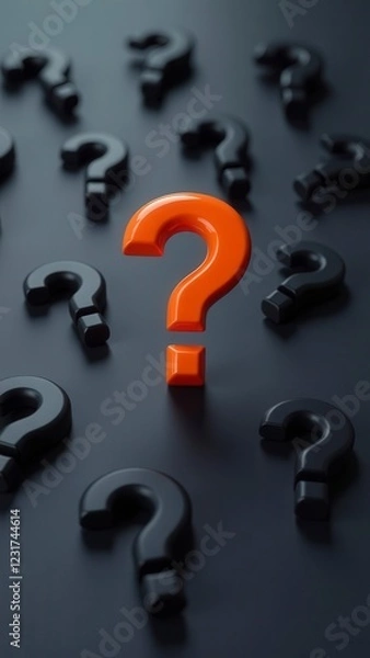 Fototapeta Orange question mark standing out among black question marks: finding solutions and standing out from crowd