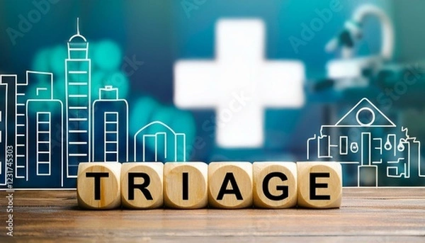 Obraz トリアージを意味する英単語triageの文字が書かれた木製のキューブブロック。 aiで生成	
