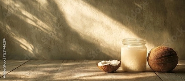Fototapeta Virgin coconut oil in a glass jar beside a coconut shell on a rustic wooden table with soft natural light highlighting the scene