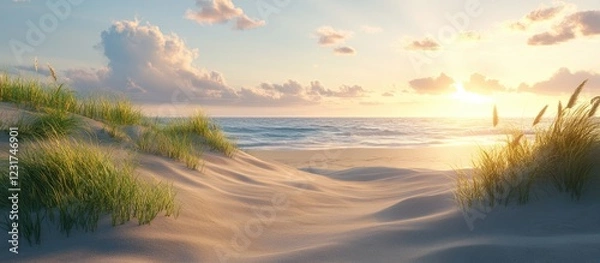 Fototapeta Tranquil beach sunset with warm golden hues illuminating soft sand dunes adorned with lush green grass and gentle ocean waves in the background