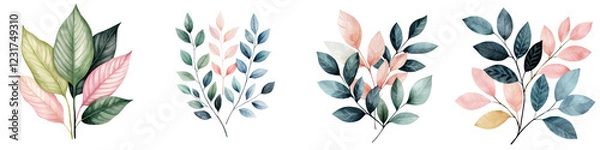 Fototapeta Serene and Elegant Botanical Arrangement Featuring Soft Pastel Colored Leaves and Branches Arranged in a Minimalist Composition  Calming and Ethereal Natural Floral Background