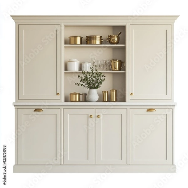 Fototapeta Elegant Neutral Kitchen Cabinet with Open Shelves and Gold Accents
