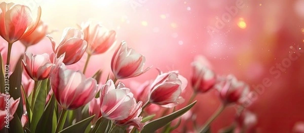 Fototapeta Vibrant blooming pink tulips in soft focus with a dreamy pink background and warm bokeh lights creating a serene and romantic atmosphere.