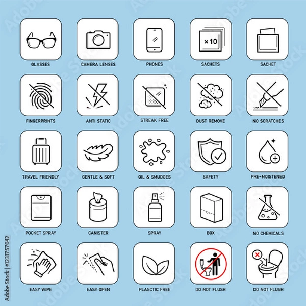 Fototapeta Set icons for lens cleaning products. Suitable for eyeglasses, camera lens, and other optical devices. The outline icons are well scalable and editable. EPS10.