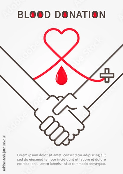Obraz Blood Donation Handshake vector illustration with red heart and sample text. Blood Donation poster with handshake and red outline heart,and the red line connecting hands.

