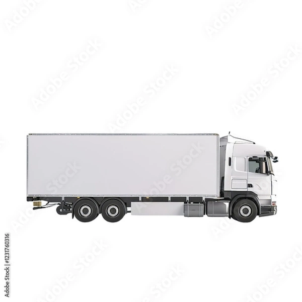 Obraz Side view of a white delivery truck isolated on a white background, showcasing modern logistics and transportation capabilities.