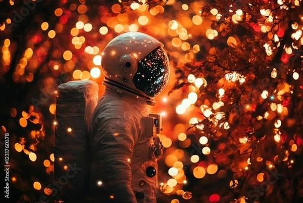 Fototapeta Astronaut exploring a glowing landscape filled with colorful lights and sparkles at night