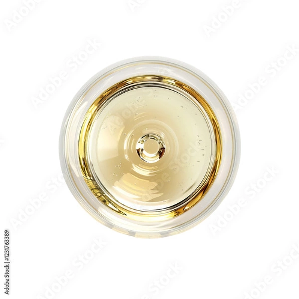 Obraz Top view of a glass of sparkling white wine with golden hues, isolated on a white background, perfect for celebrations and events.