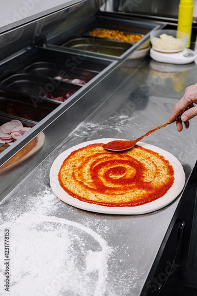 Fototapeta Preparing fresh pizza sauce in a busy kitchen with a hand spreading sauce on dough