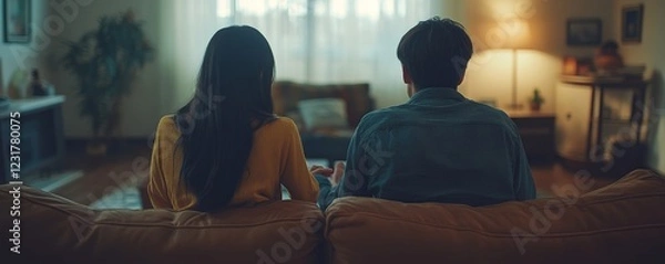 Obraz Family problem concept, Close-up hands of Asian wife sitting on sofa and husband sitting back to back in the living room at home have problems in a relationship and have an
