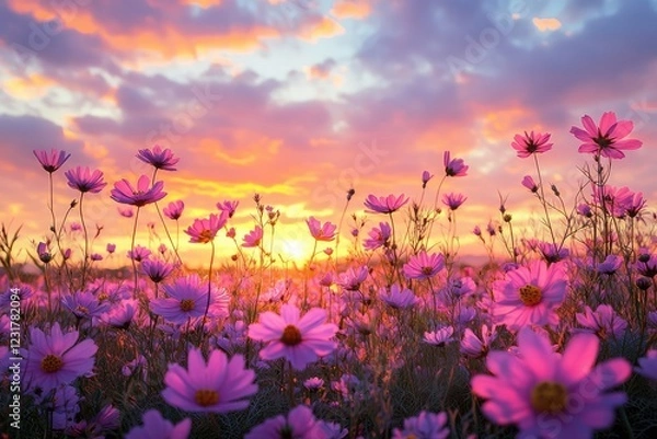 Obraz A field of flowers under a sky painted with a dramatic sunset, glowing softly in the evening light.