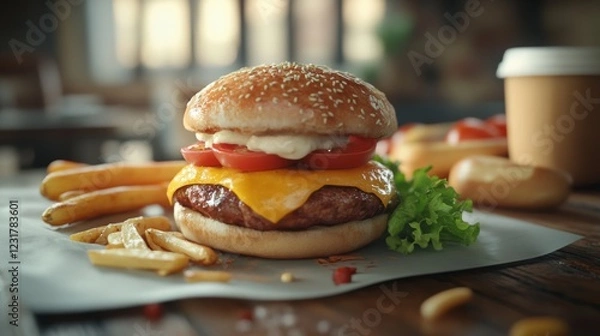 Fototapeta Juicy Cheeseburger with Golden Fries: A Delicious Fast Food Feast