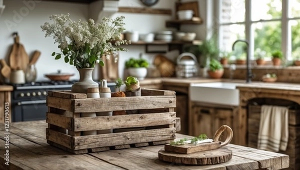 Obraz Rustic kitchen scene with herbs and flowers
