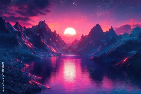 Obraz A futuristic landscape with neon-lit mountains and glowing lakes, creating a surreal, vibrant scene.