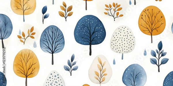 Fototapeta Pattern of trees and rain droplets in colorful illustration.