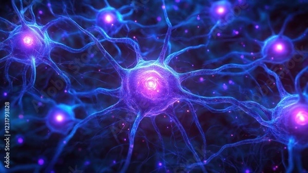 Fototapeta Glowing Neurons Network, Microscopic, Brain, Science, Medical Illustration