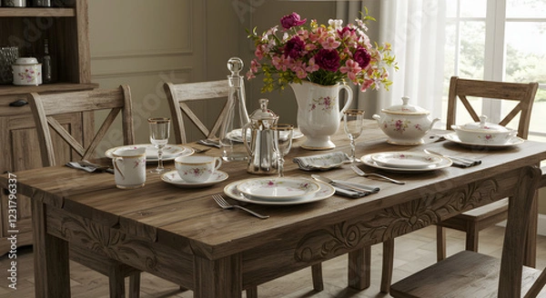 Fototapeta Elegant Rustic Dining Room Table Setting with Floral Centerpiece