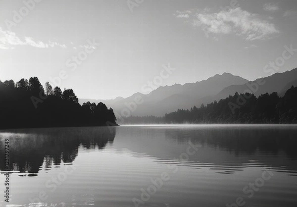 Fototapeta A serene lake with a mountain range in the background