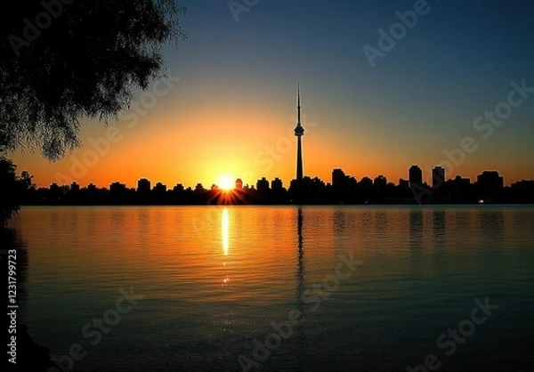 Fototapeta A city skyline is reflected in the water as the sun sets