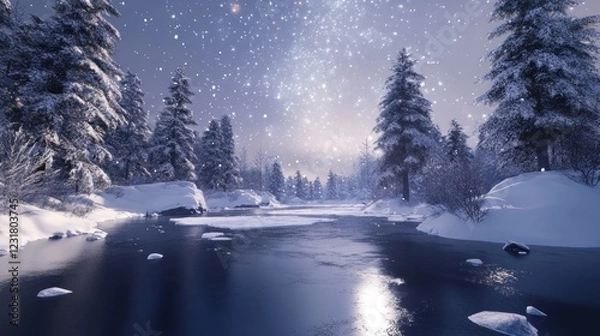 Fototapeta A serene winter landscape featuring snow-covered trees and a partially frozen river under a starry night sky
