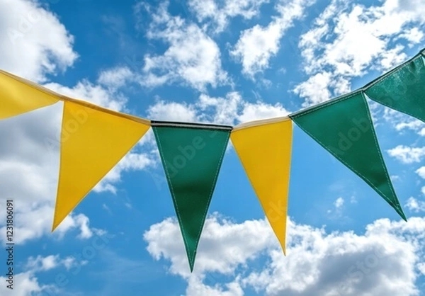Fototapeta A bunch of flags are hanging in the sky, with one being yellow