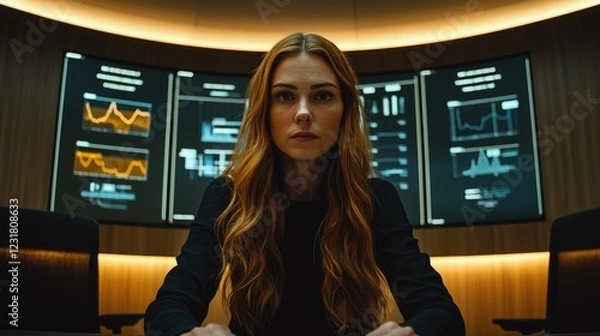 Fototapeta Focused analyst in a high-tech data monitoring room