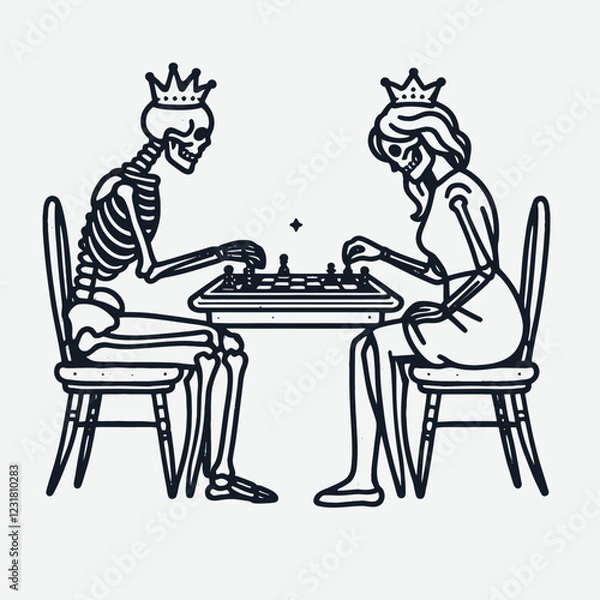 Fototapeta A whimsical illustration of a skeleton and a woman in crowns playing chess together, blending themes of life, death, and strategy.