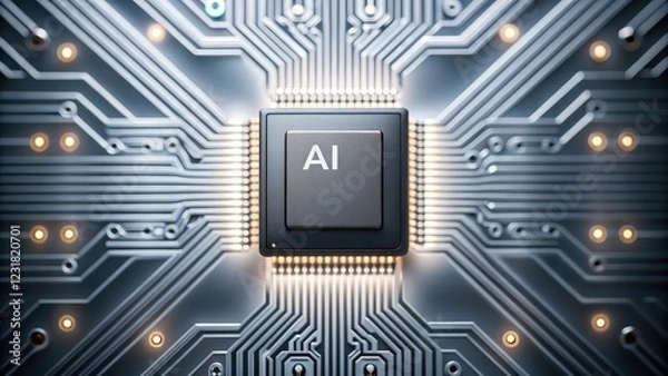 Fototapeta AI chip on a silver circuit board, representing advanced technology and innovation