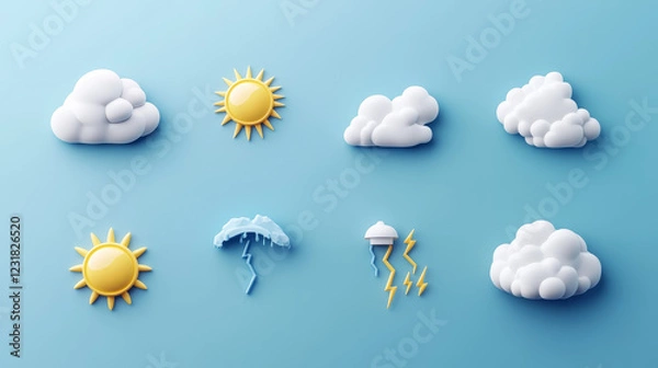 Fototapeta 3d render weather icons set, sun shining, clouds, lightnings and snow or rain forecast elements for web design. Cartoon illustration in plastic minimal style, isolated objects on. 3D Illustration