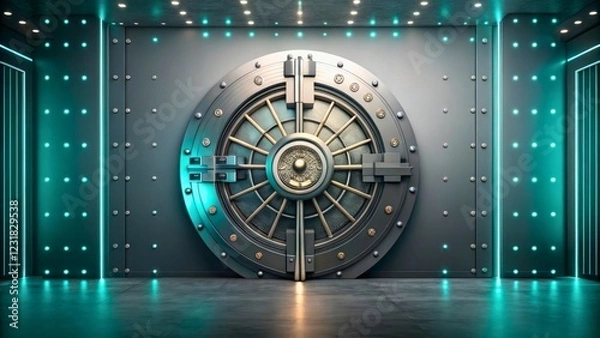 Fototapeta Massive Metal Vault Door with Modern Lighting and Futuristic Design in a Secure Environment