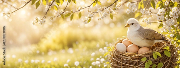 Fototapeta "Experience the serene beauty of a springtime bird’s nest,  
nestled among fresh green leaves and delicate blossoms.  
A perfect representation of renewal, harmony, and the gentle essence of nature."