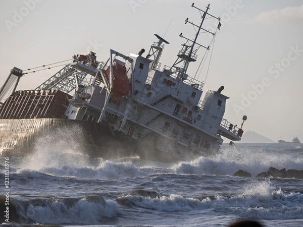 Fototapeta The ship stranded and wrecked. Stormy sea in overcast weather waves crash on a pier near the shore in marina di massa tuscany italy