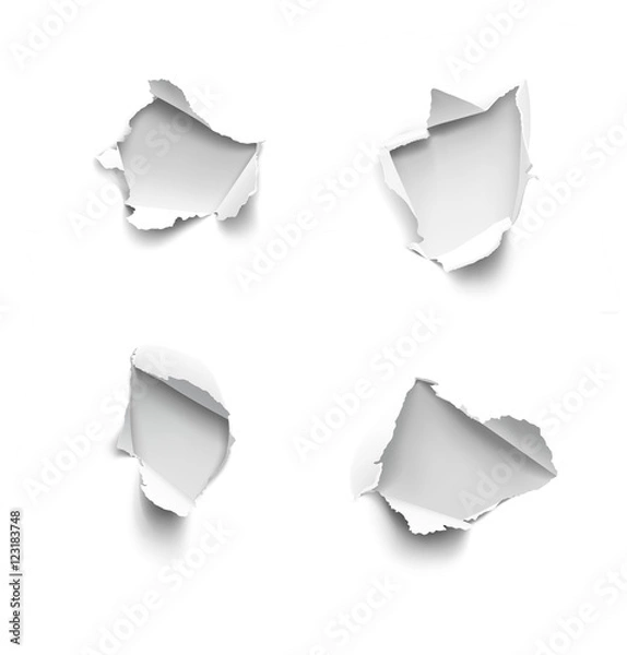 Fototapeta Set of realistic holes in paper isolated on white background. Vector illustration element ready for your design.